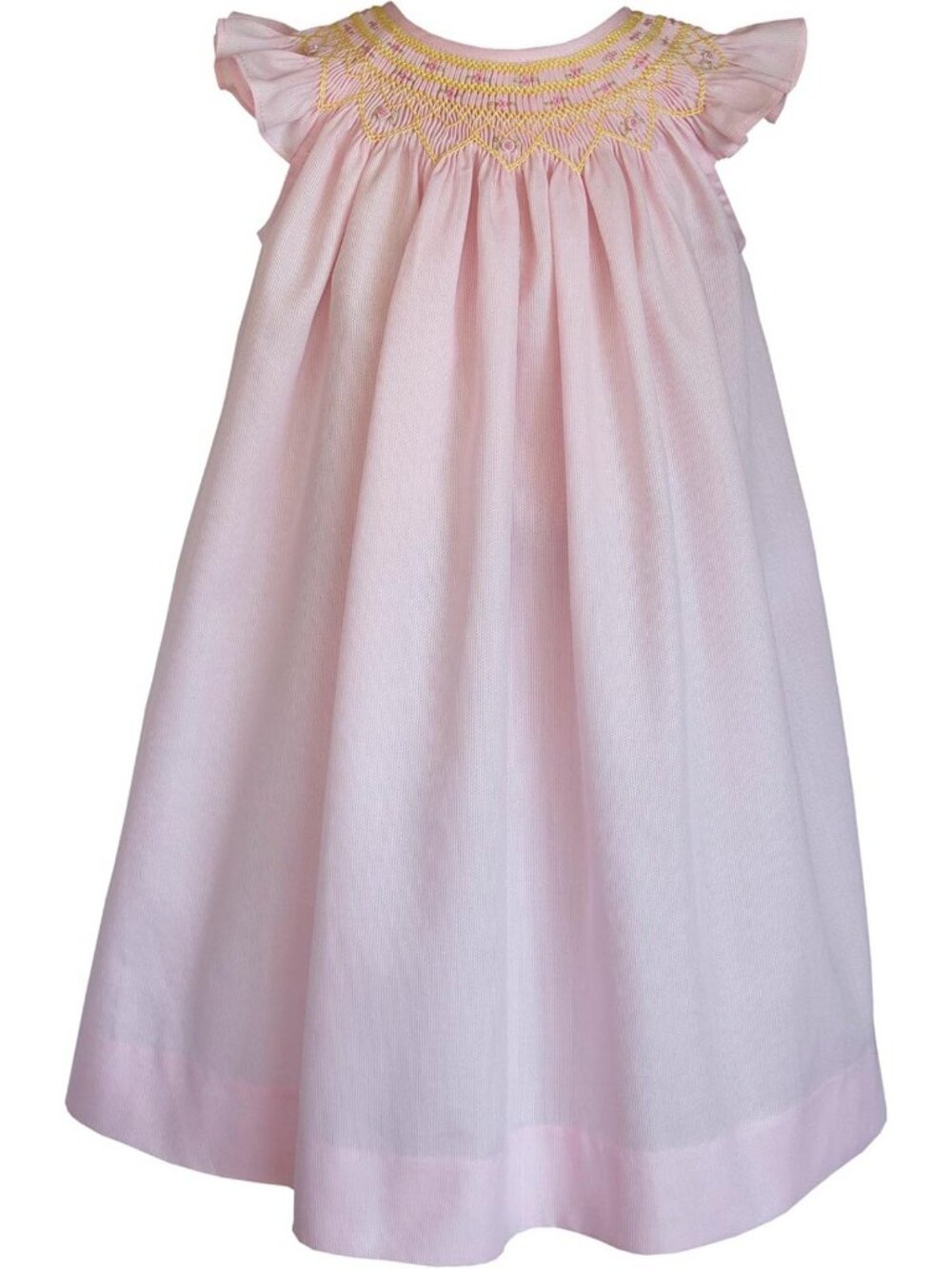 Hand Smocked Pink Bishop Dress with Yellow Embroidery & Angel Wing Sleeves